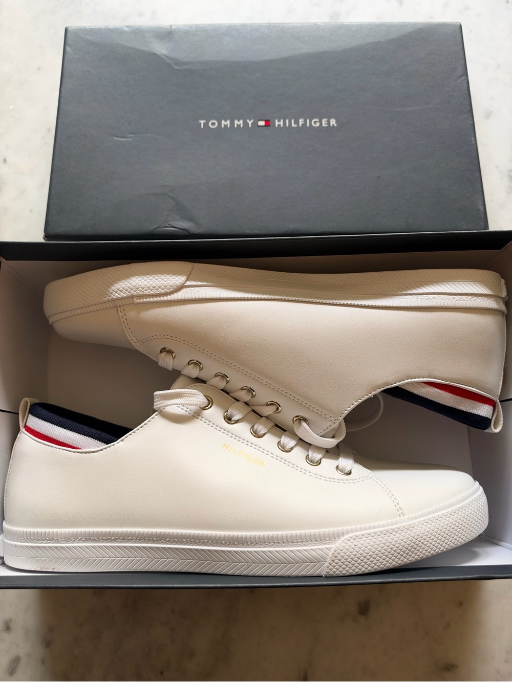 Tommy Hilfiger Men's White Low-Top Sneakers with Red & Blue Heel Trim